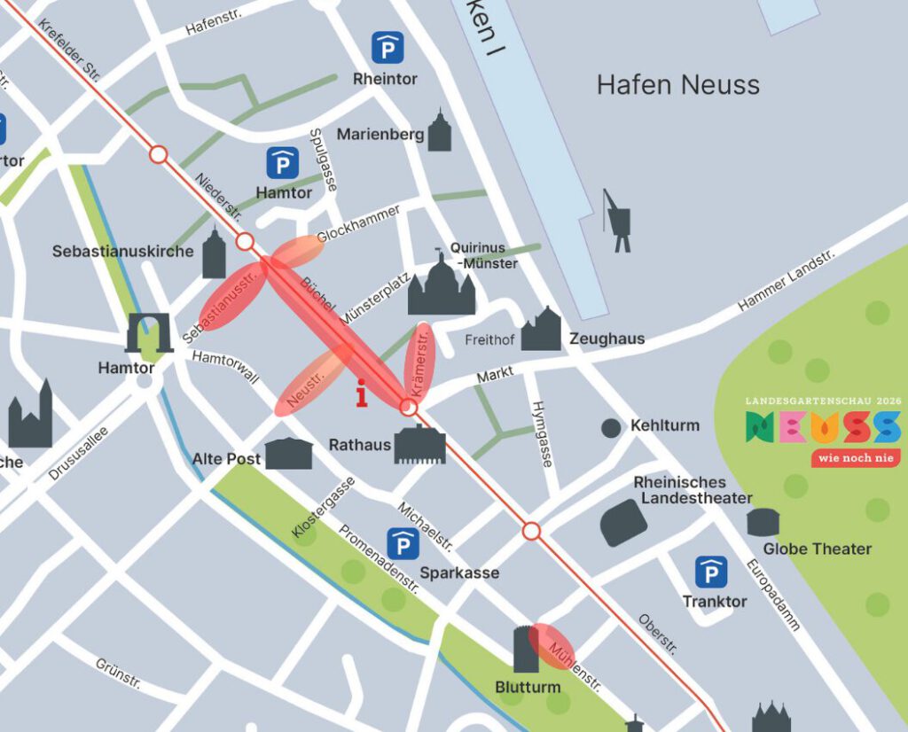 Sebastianusstraße, Glockhammer, Büchel, Neustraße, Krämerstraße und Mühlenstraße sind auf der Innenstadtkarte hervorgehoben